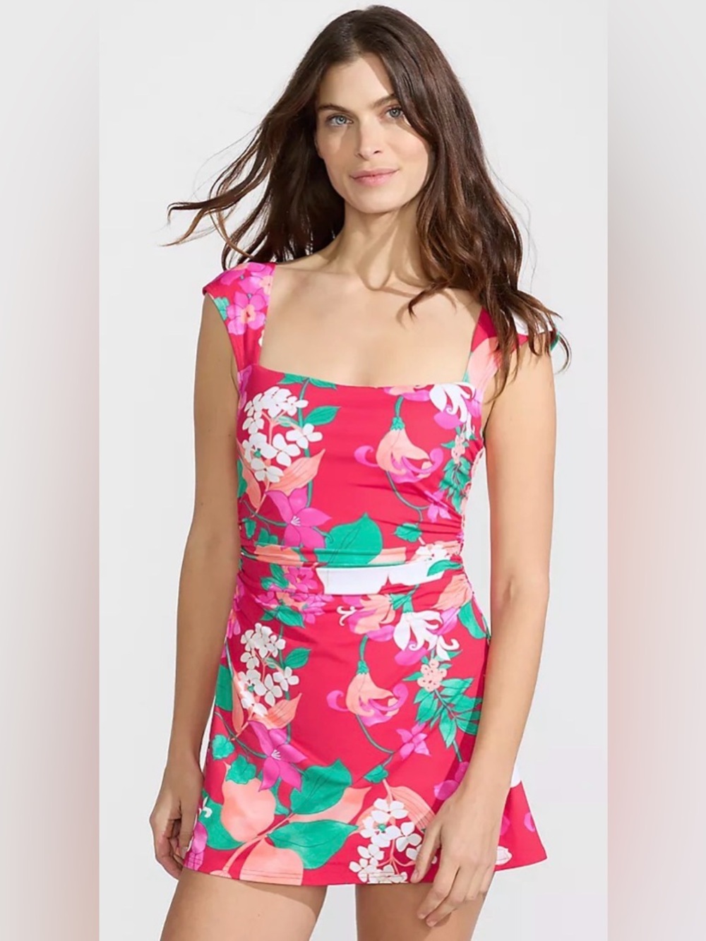 NWT Lands End Smoothing Square Neck Floral Ruched Swim Dress Swimsuit Size 18W